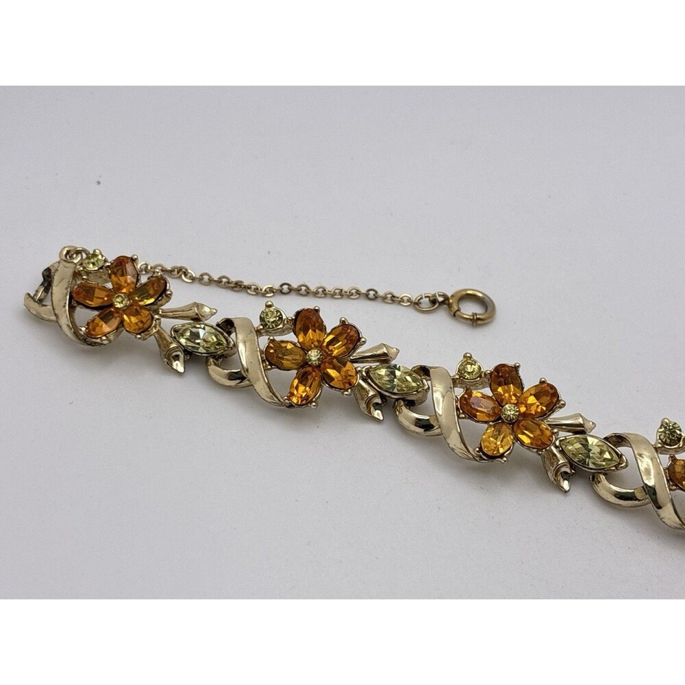 Coro Silver Amber Rhinestone Flower Vintage Jewelry Bracelet With Safety Clasp - Picture 7 of 9